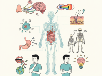 Vtipná ilustračná koláž zobrazujúca bizarné fakty o ľudskom tele.
