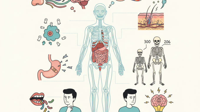 Vtipná ilustračná koláž zobrazujúca bizarné fakty o ľudskom tele.
